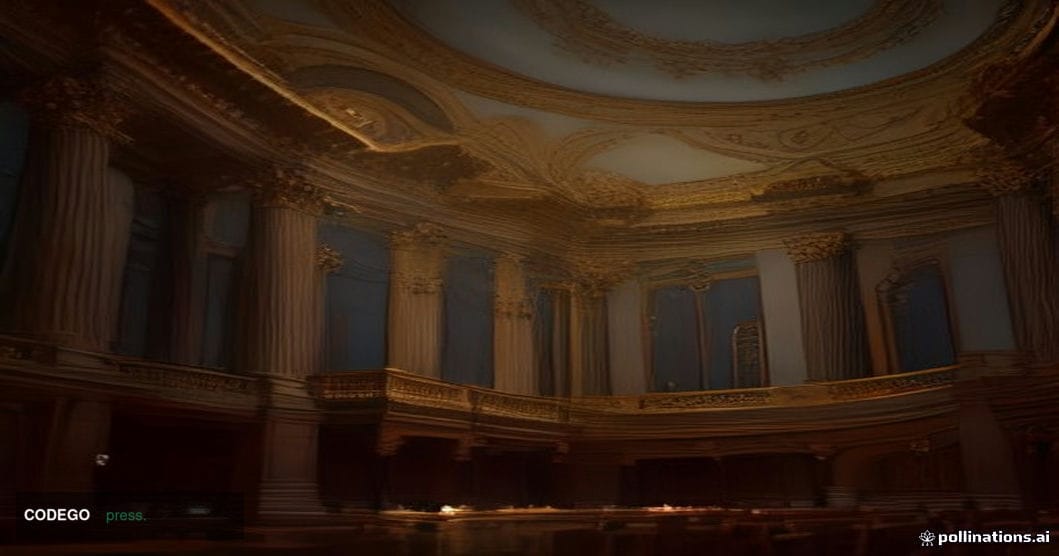 A grand neoclassical French parliamentary chamber interior viewed from a low dramatic angle, empty voting chamber with ornate