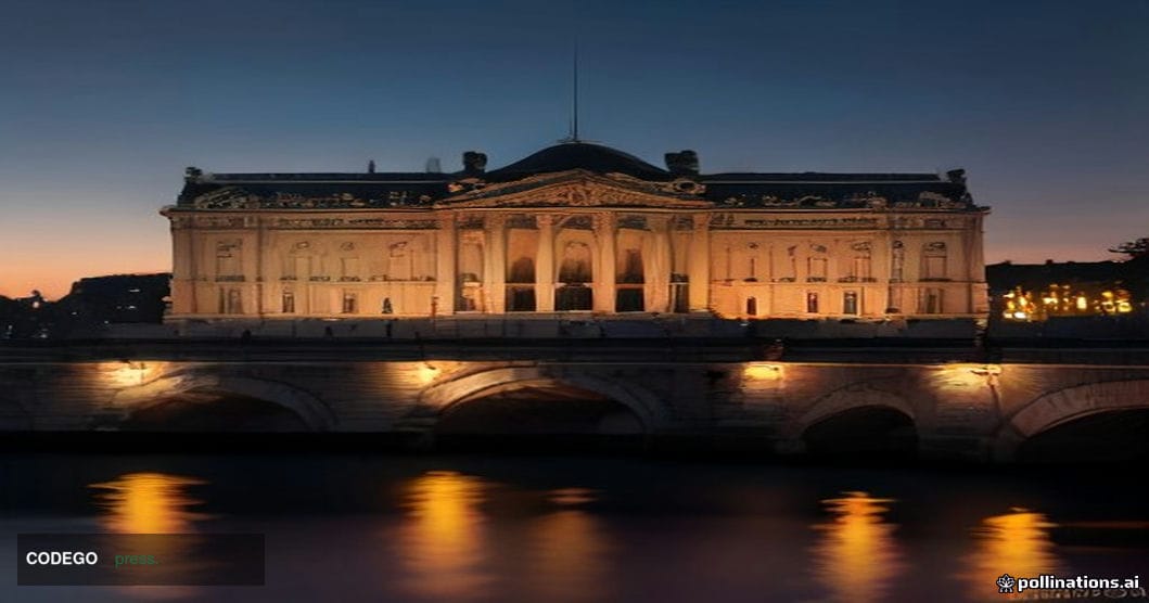 A photorealistic editorial photograph of the Palais Bourbon — the seat of France's National Assembly — viewed from the Quai d