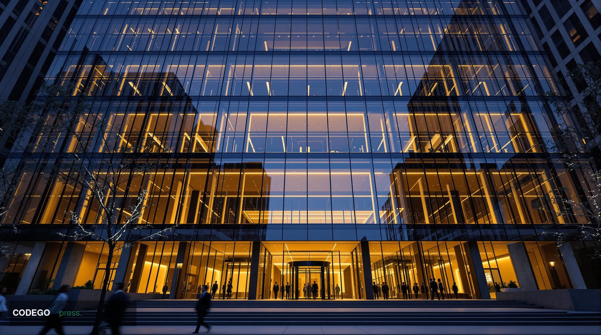 A dramatic cinematic editorial photograph of a grand, modernist glass-and-steel law firm headquarters at dusk, shot from a lo