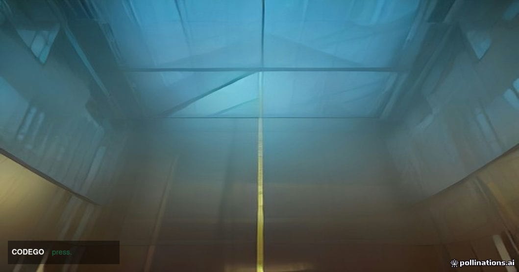 A cinematic editorial photograph shot from a low angle looking up through the glass atrium of a modern bank headquarters, war