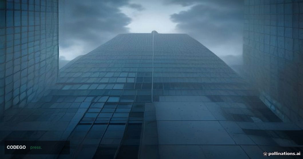 A dramatic cinematic editorial photograph shot from a low angle looking up at the exterior of a brutalist Washington D.C. fed