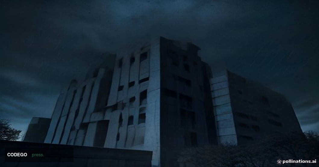 A dramatic cinematic editorial photograph shot at low angle from ground level looking up at a large brutalist stone governmen