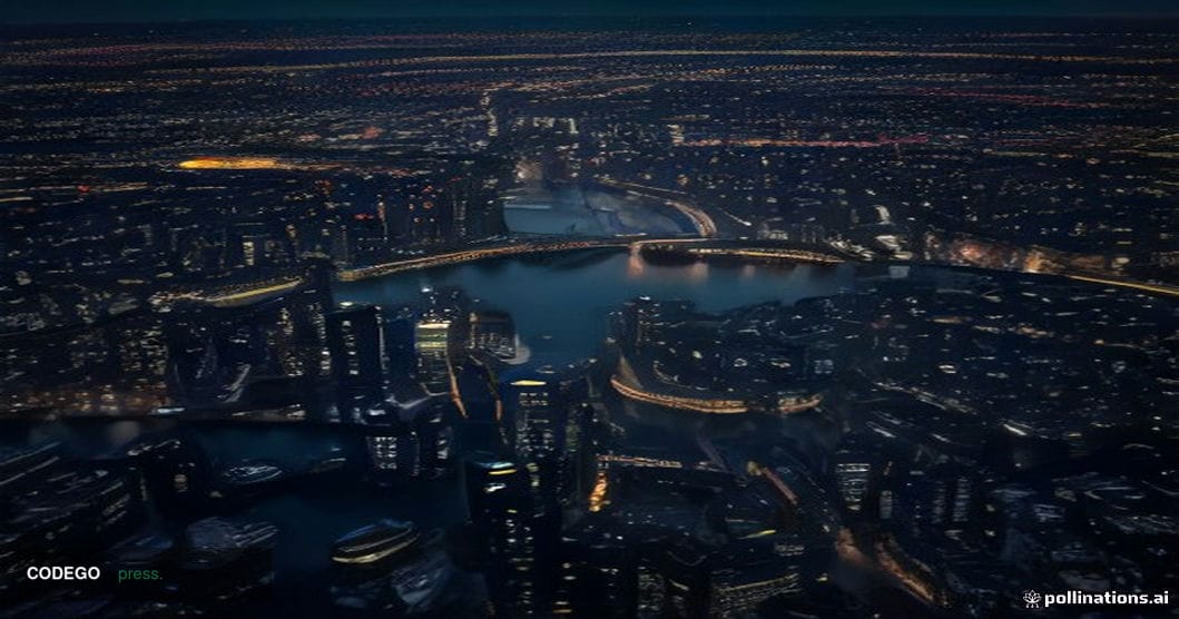 A dramatic aerial twilight view of the City of London financial district skyline — the Thames curving in the foreground refle