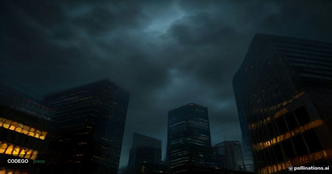 A dramatic wide-angle cinematic shot of the City of London financial district at dusk, shot from street level looking upward 