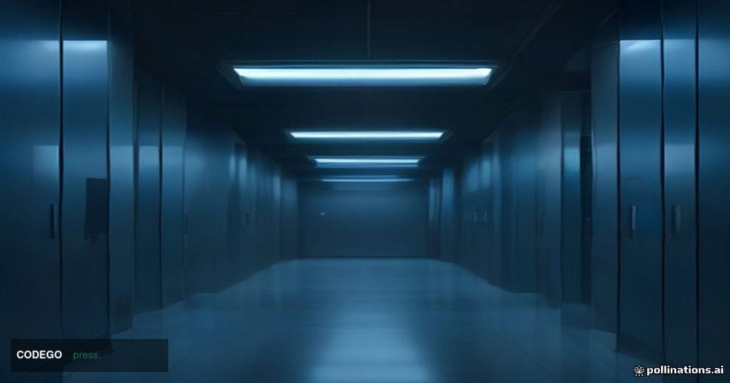 A dramatic cinematic editorial photograph shot from a low angle looking upward at a massive glass-and-steel data center campu