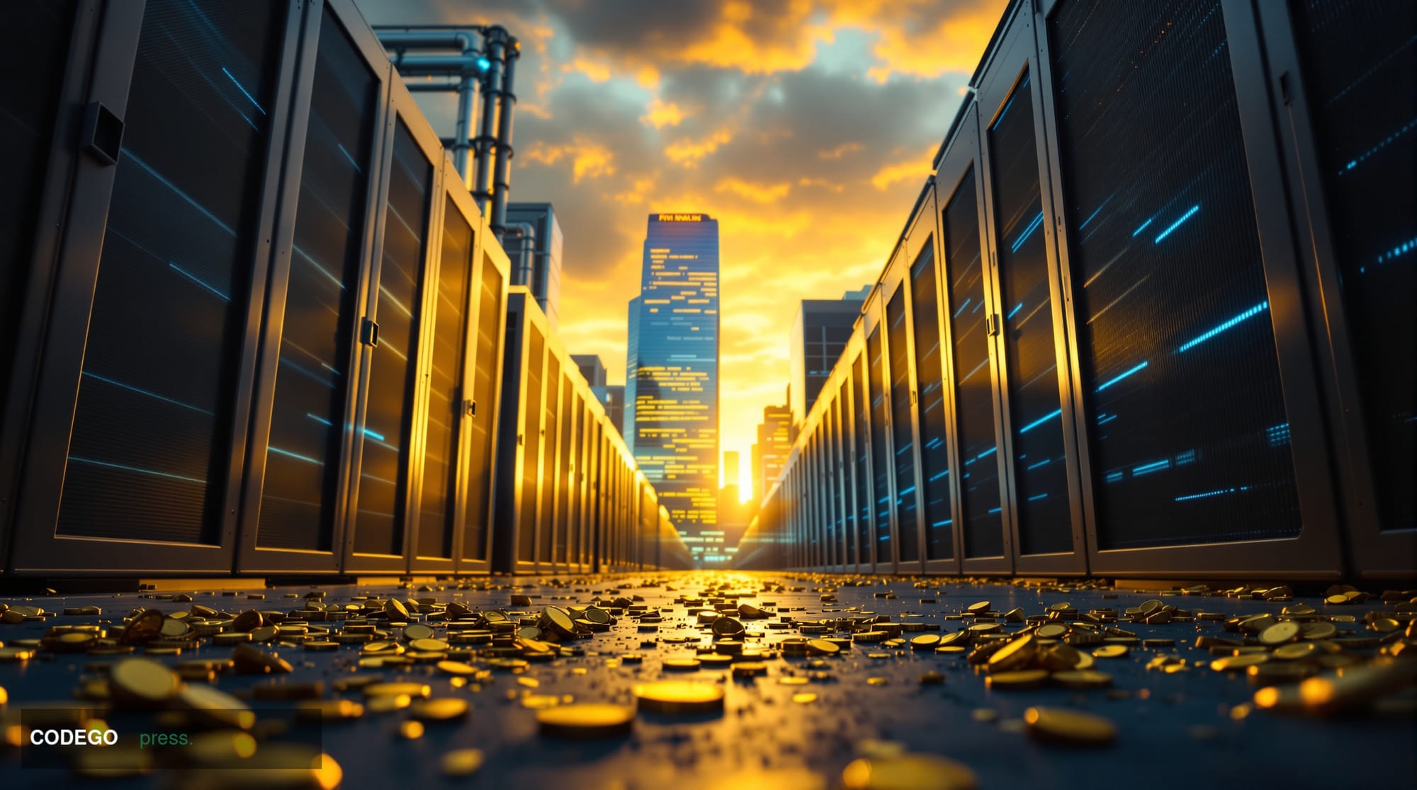 A dramatic cinematic editorial photograph shot at golden hour from a low angle looking up at a massive data center facility e