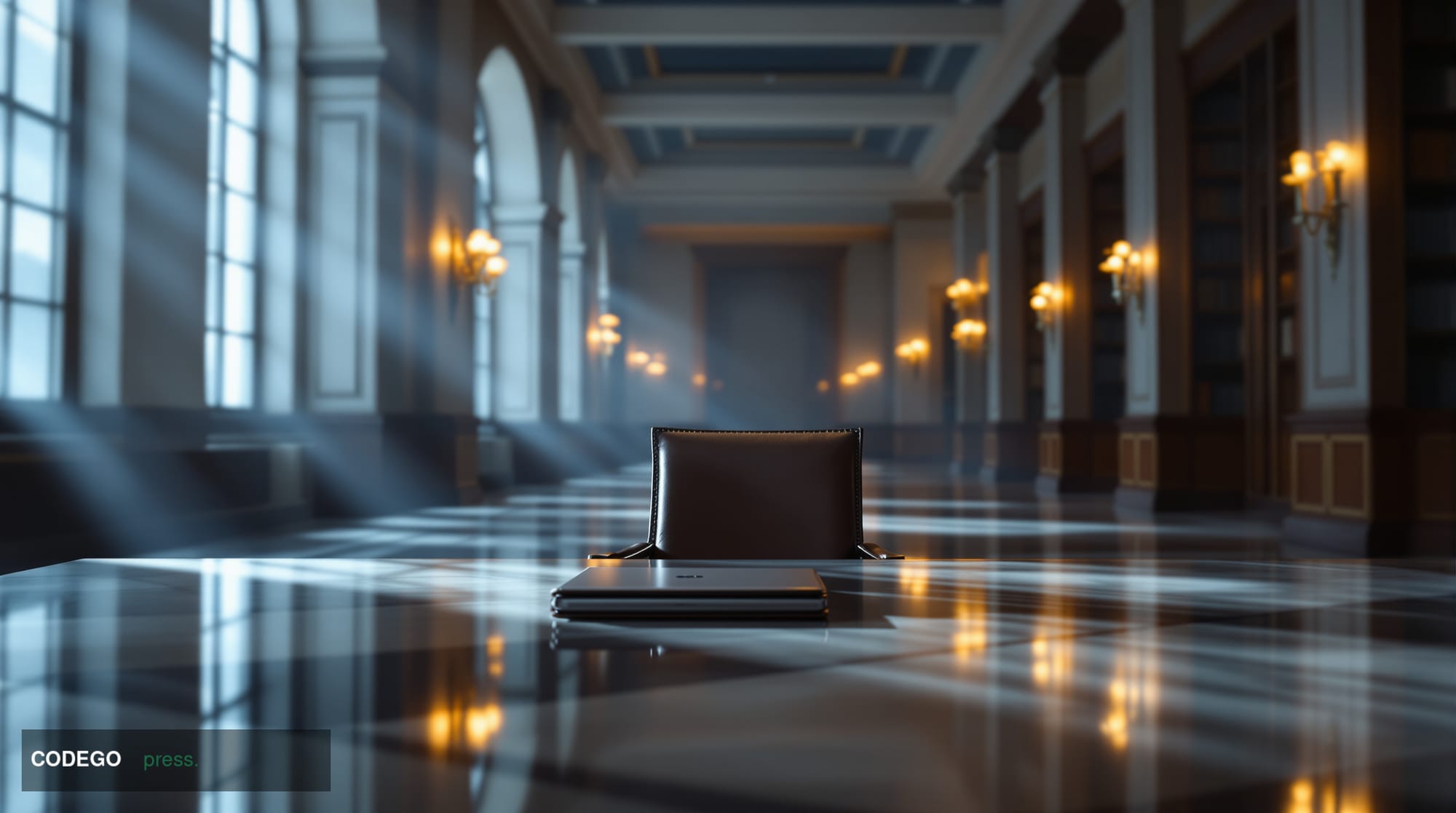 A grand neoclassical government building interior corridor shot from a low angle, the kind associated with Washington D.C. fe