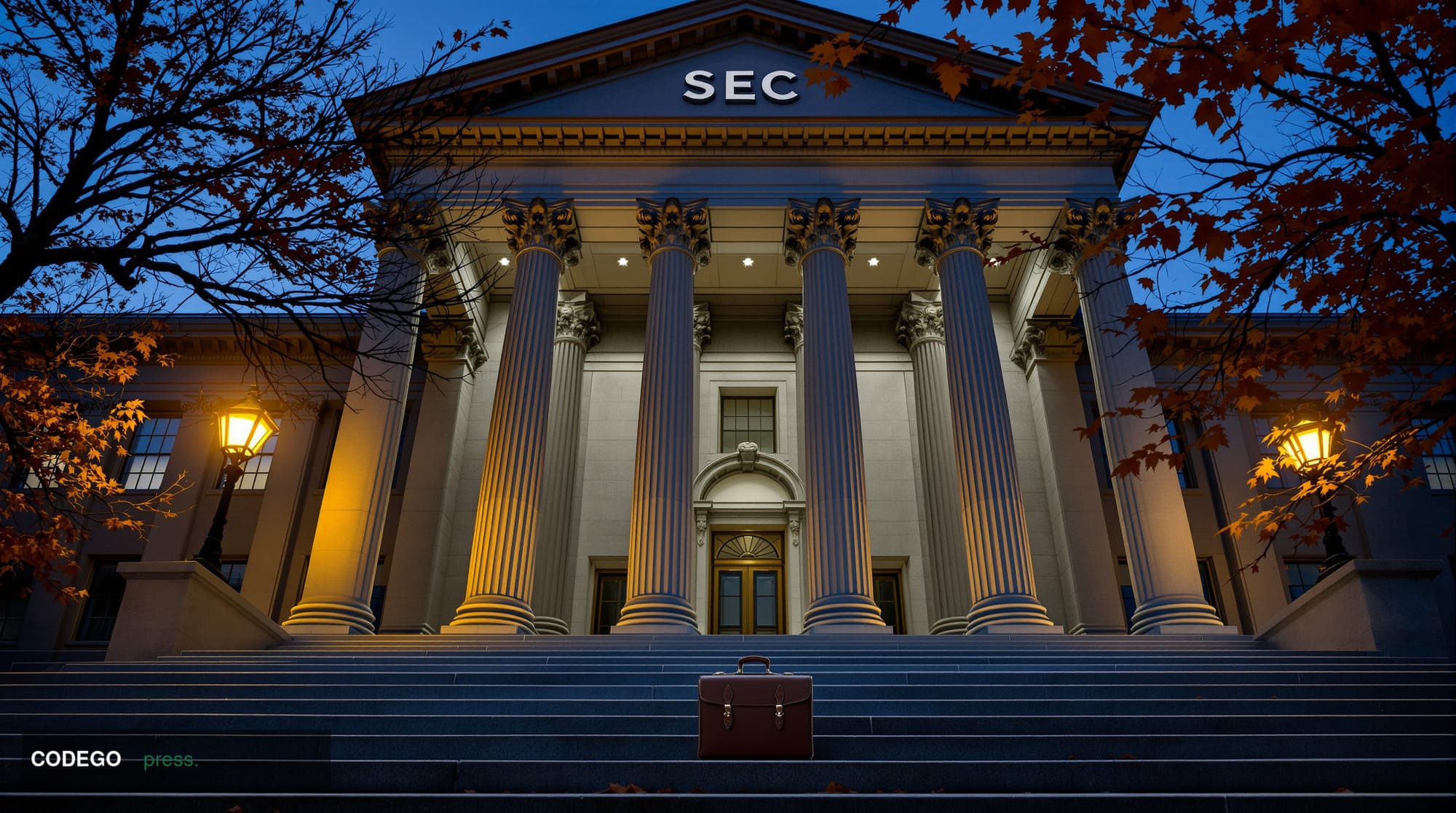 A dramatic wide-angle shot of the exterior of the SEC headquarters building in Washington D.C. at dusk, its neoclassical ston