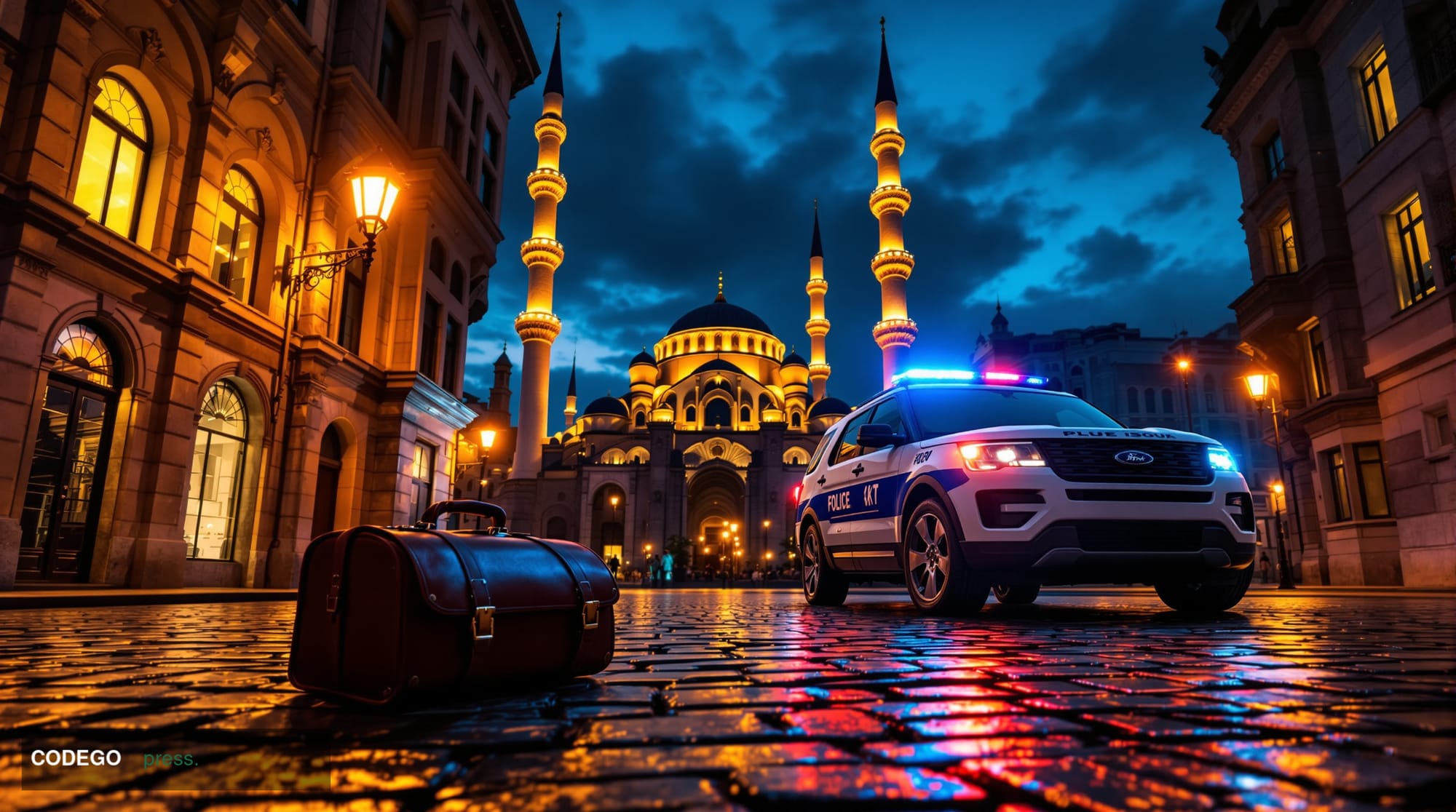 A dramatic cinematic editorial photograph taken at the Blue Mosque district of Istanbul at dusk, with the iconic minarets sil