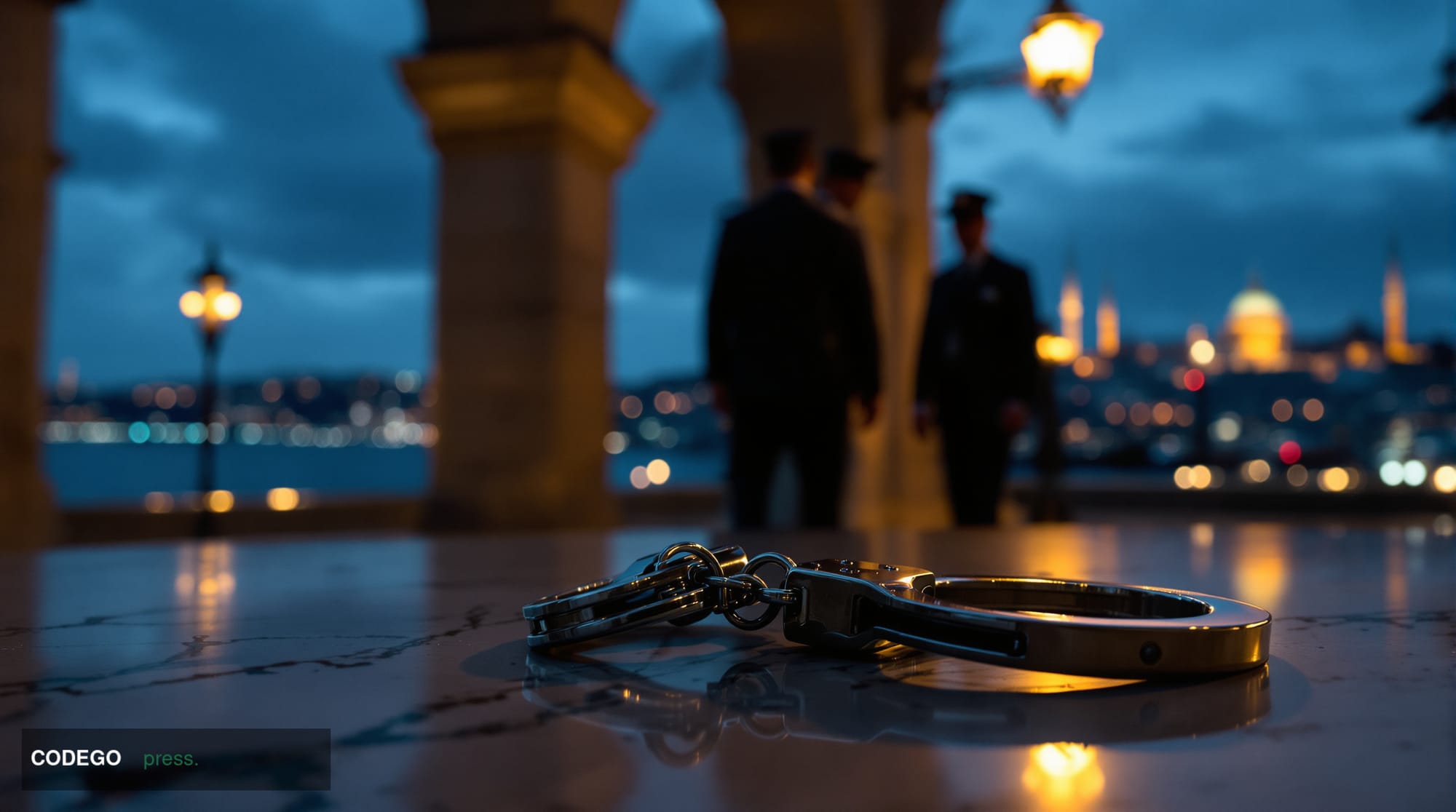 A cinematic editorial photograph shot at ground level looking up at the grand stone archways and minarets of Istanbul's histo