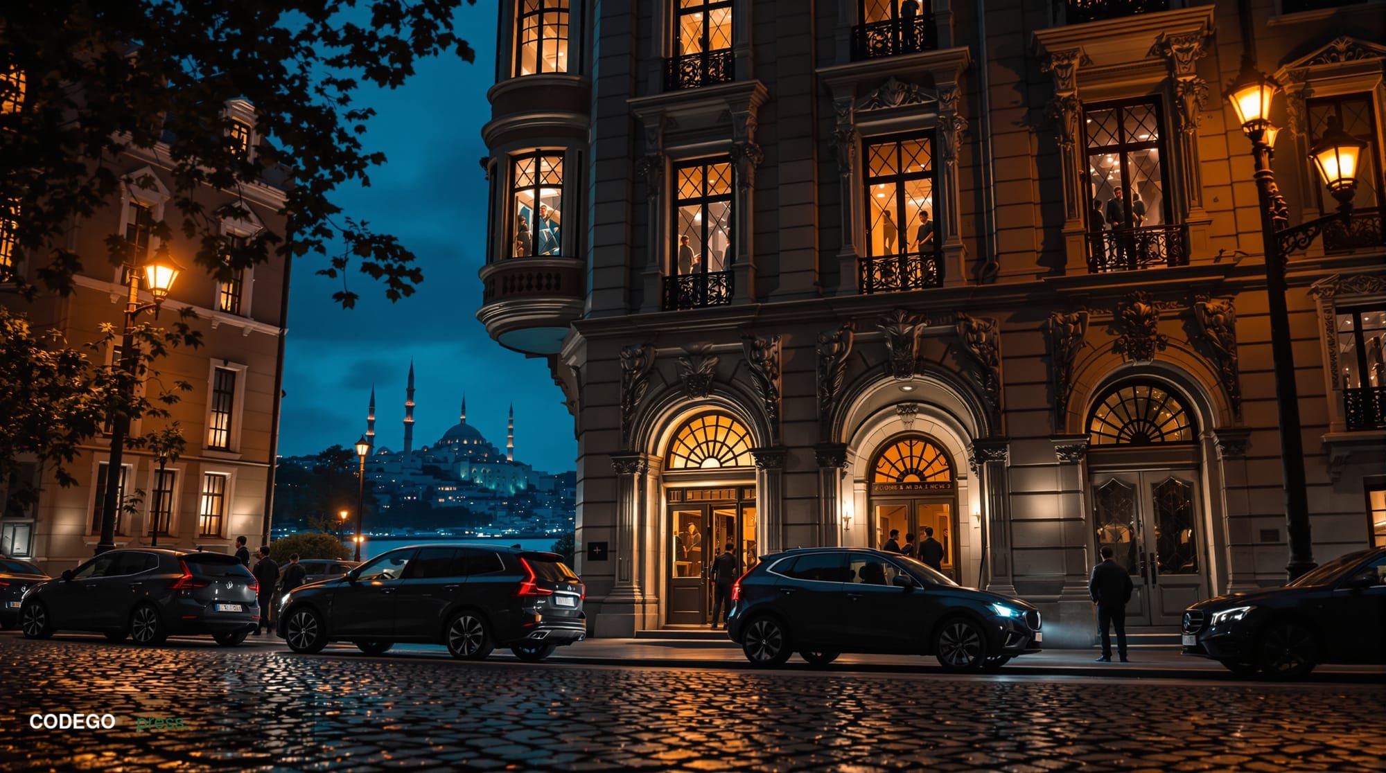 A cinematic editorial photograph of a grand residential street in Istanbul's Beşiktaş district at dusk, shot from a low angle