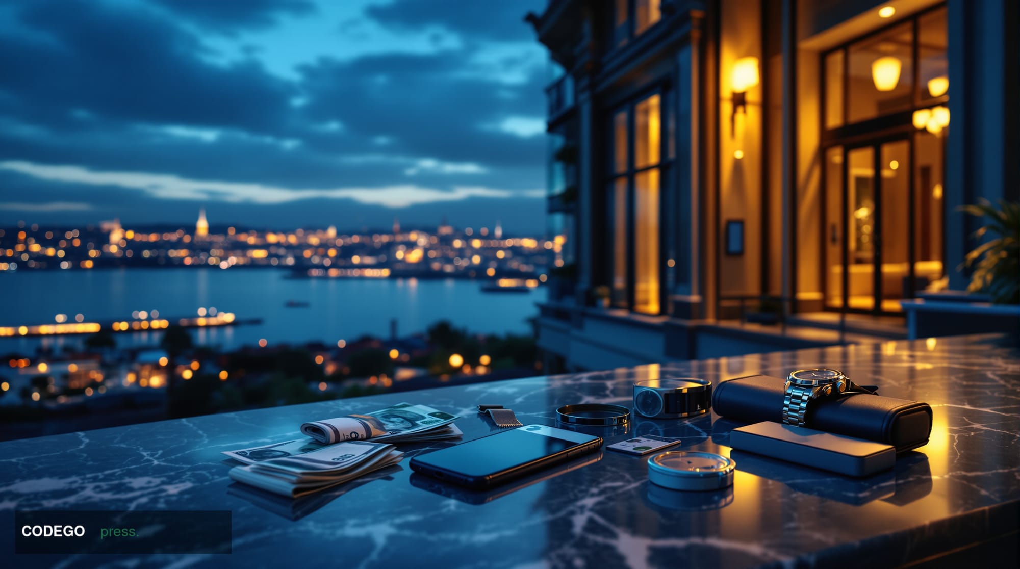 A cinematic editorial photograph set in the Beşiktaş district of Istanbul at dusk, looking toward the Bosphorus strait with t