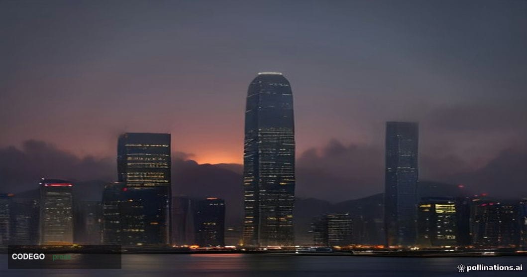 A cinematic editorial photograph of Hong Kong's iconic financial district skyline viewed from the waterfront at dusk, with th