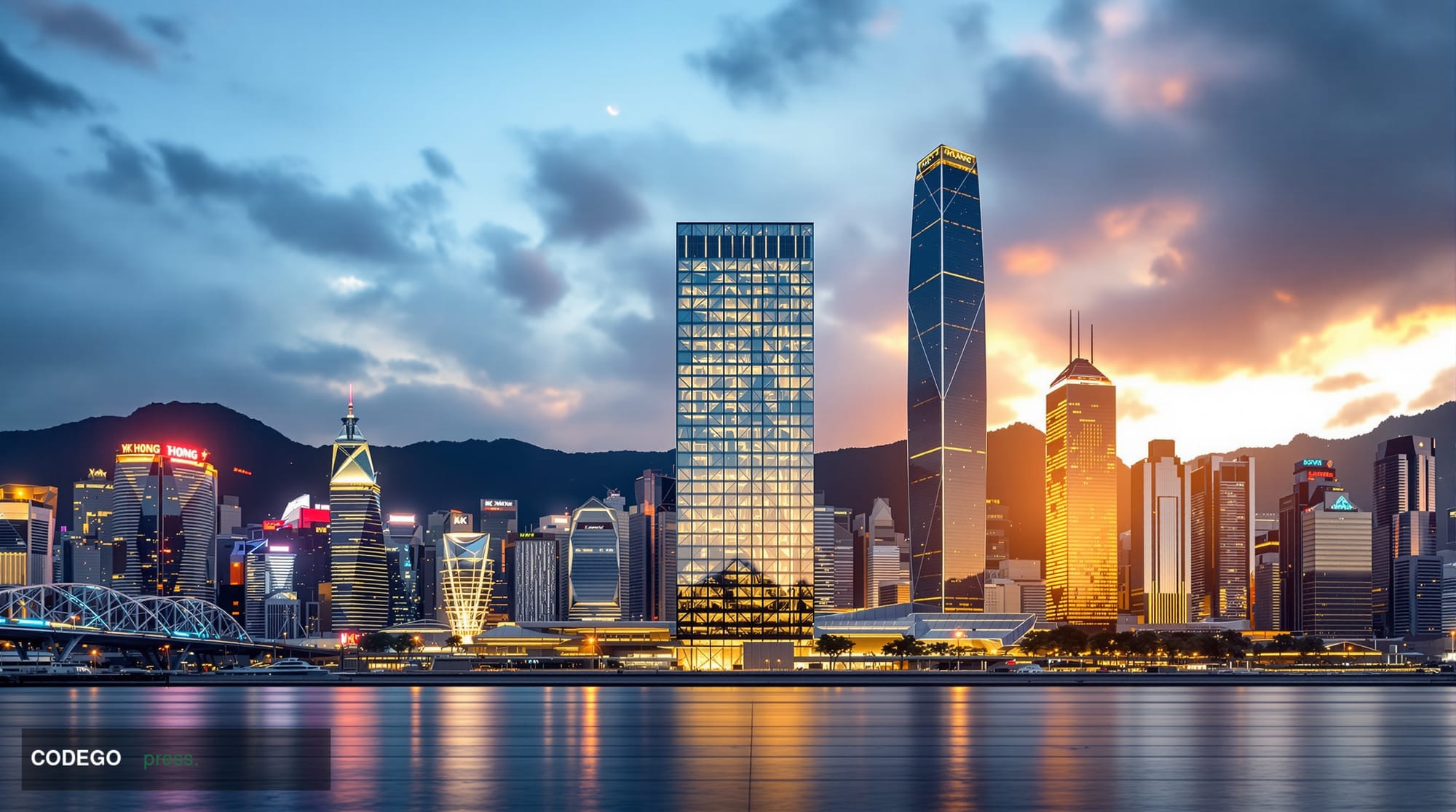 A dramatic wide-angle cinematic shot of Hong Kong's Central financial district skyline at dusk, viewed from the harbour water