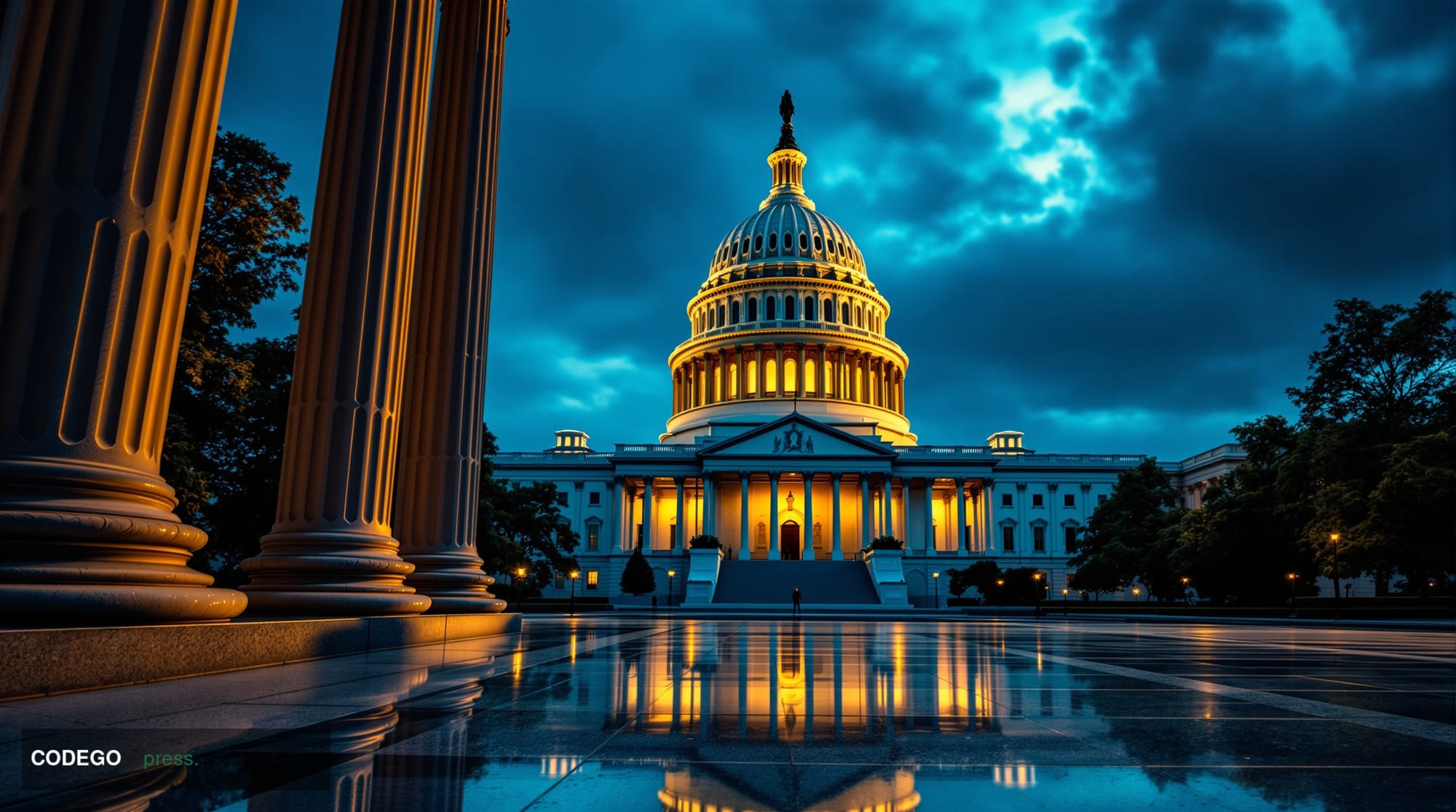 A wide-angle, low-perspective shot of the United States Capitol Building at late afternoon, with dramatic warm amber light ra