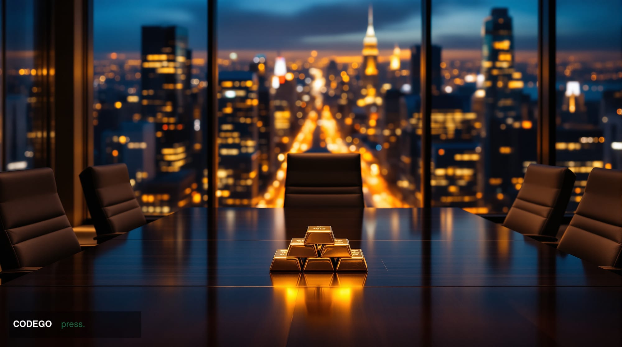A dramatic cinematic editorial photograph of a sleek corporate boardroom interior bathed in warm amber light from floor-to-ce