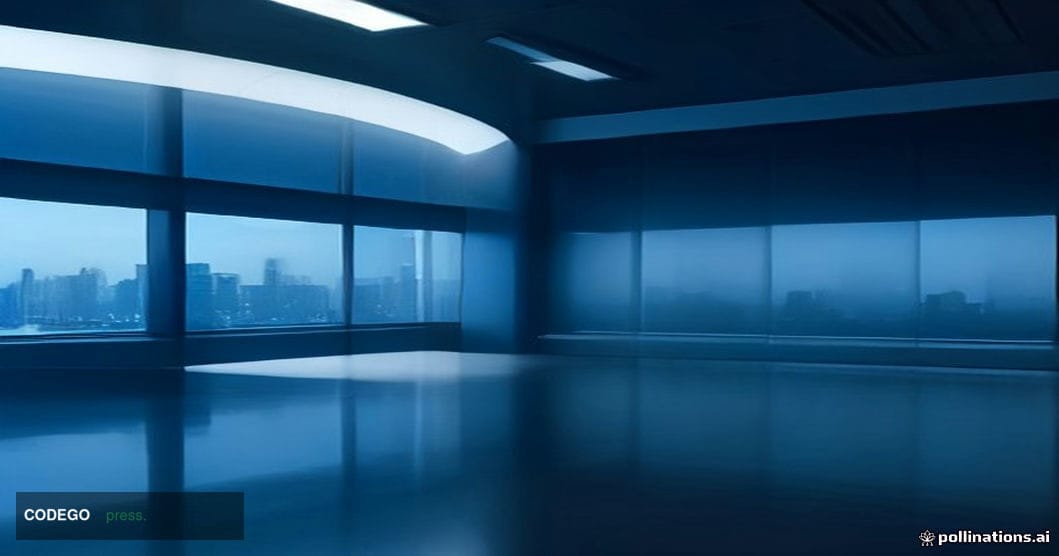 A dramatic cinematic editorial photograph set inside a sleek, minimalist modern banking operations center, shot from a low-an