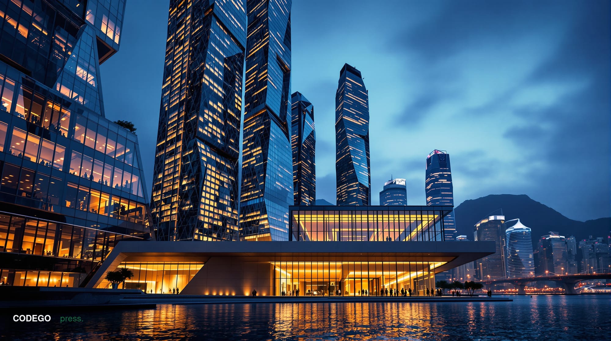 A cinematic editorial photograph of Hong Kong's iconic Victoria Harbour waterfront at dusk, captured from a low-angle perspec