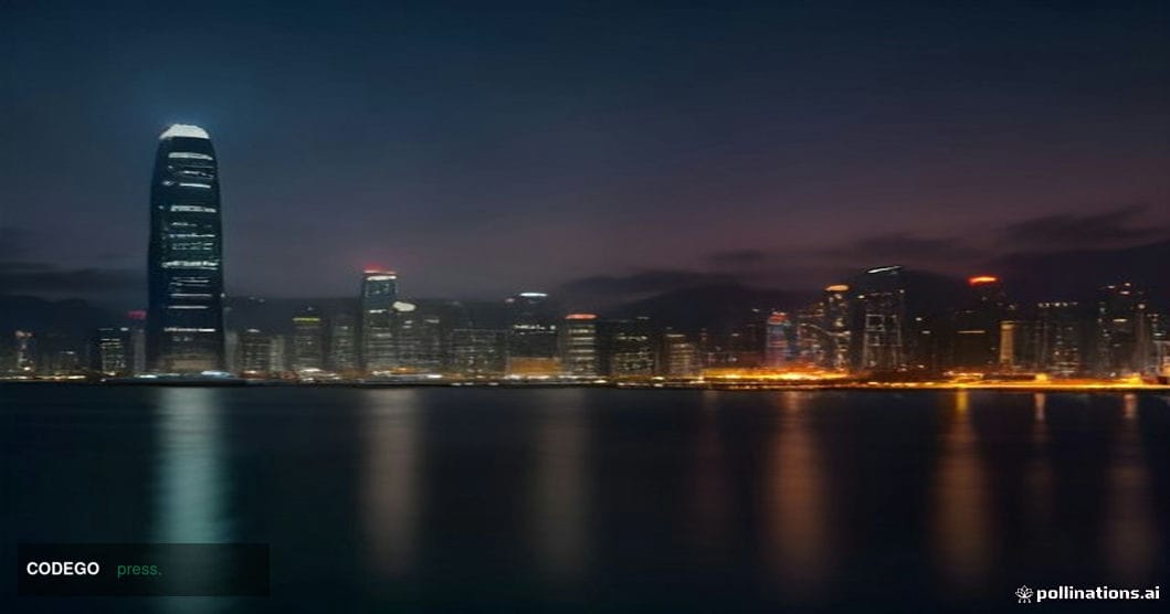 A photorealistic cinematic editorial photograph of a modern Hong Kong financial district waterfront at dusk, with the iconic 