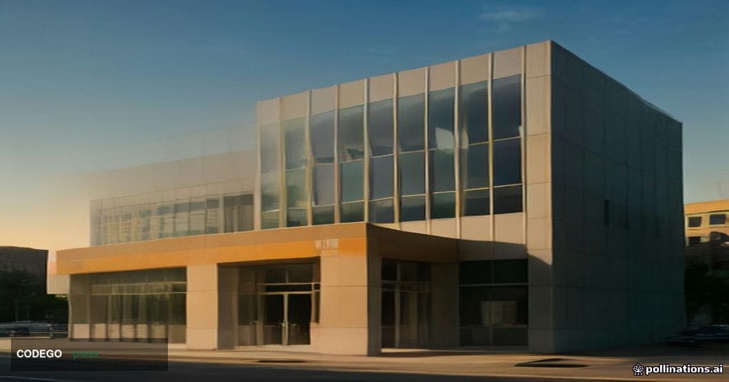 A photorealistic editorial photograph of a mid-sized Midwestern American commercial bank branch exterior at golden hour, feat