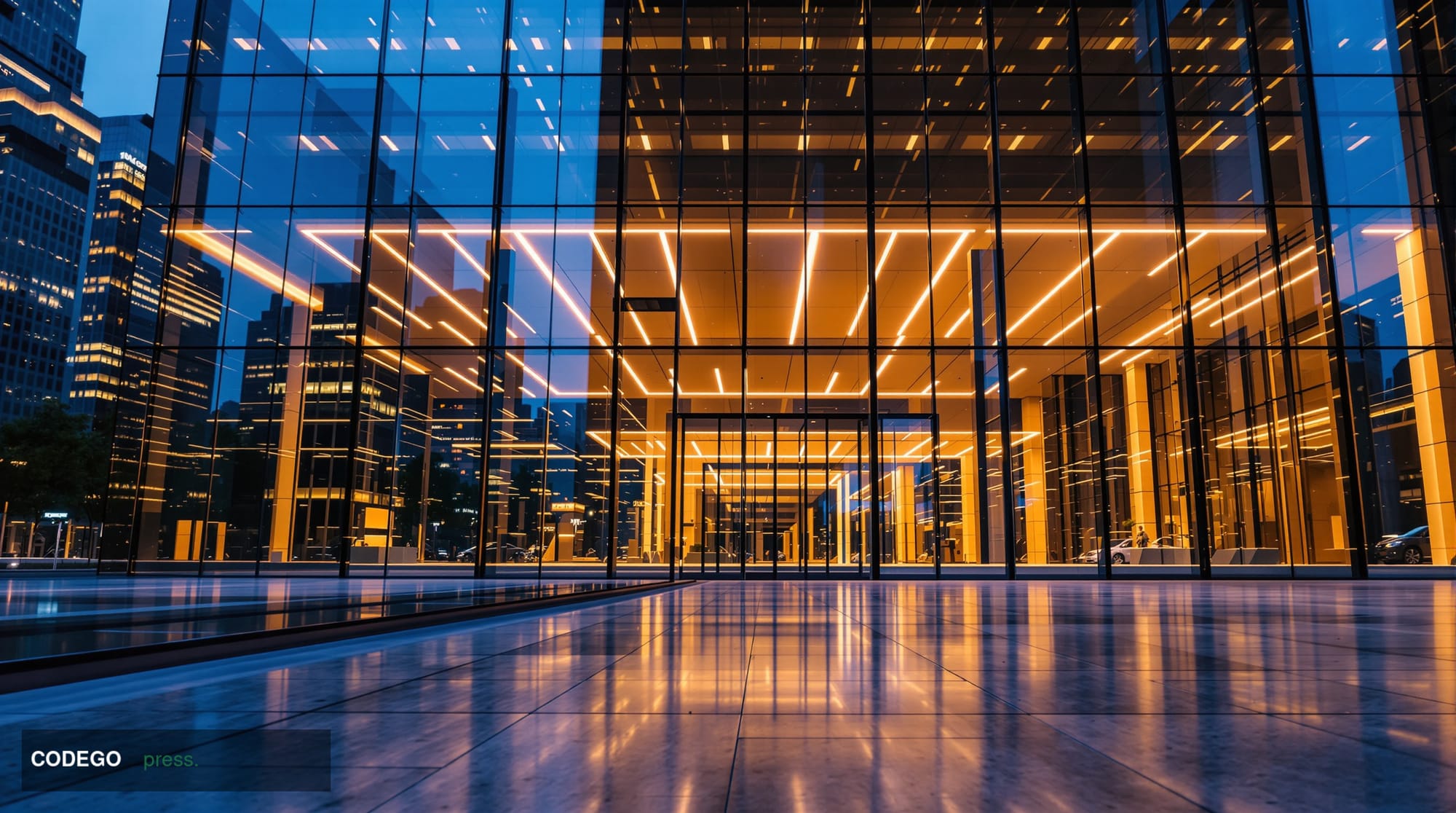 A cinematic editorial photograph taken from a low angle looking up at the gleaming glass-and-steel facade of a Chicago financ