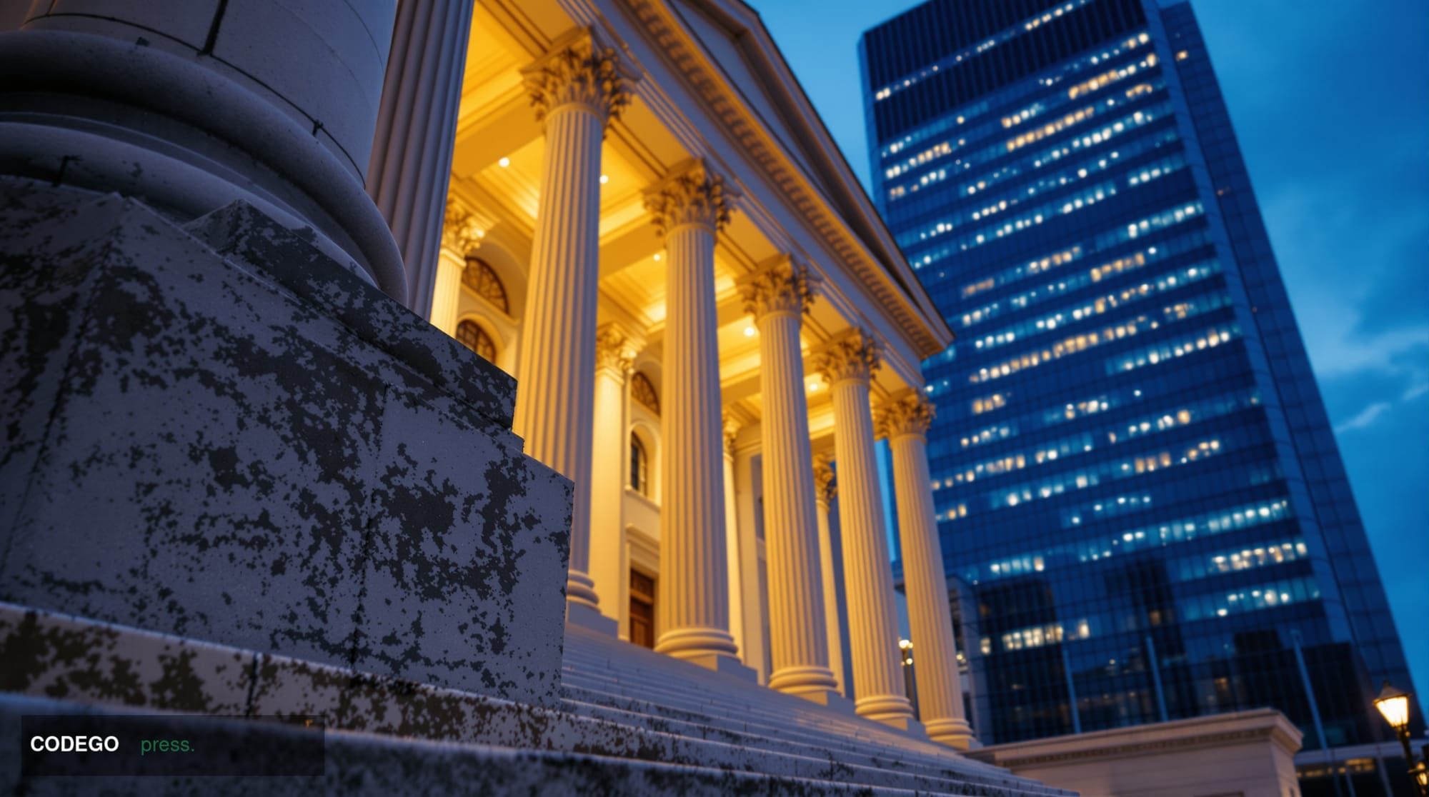 A grand neoclassical federal courthouse exterior in Washington D.C. photographed from a low angle at dusk, its white marble c