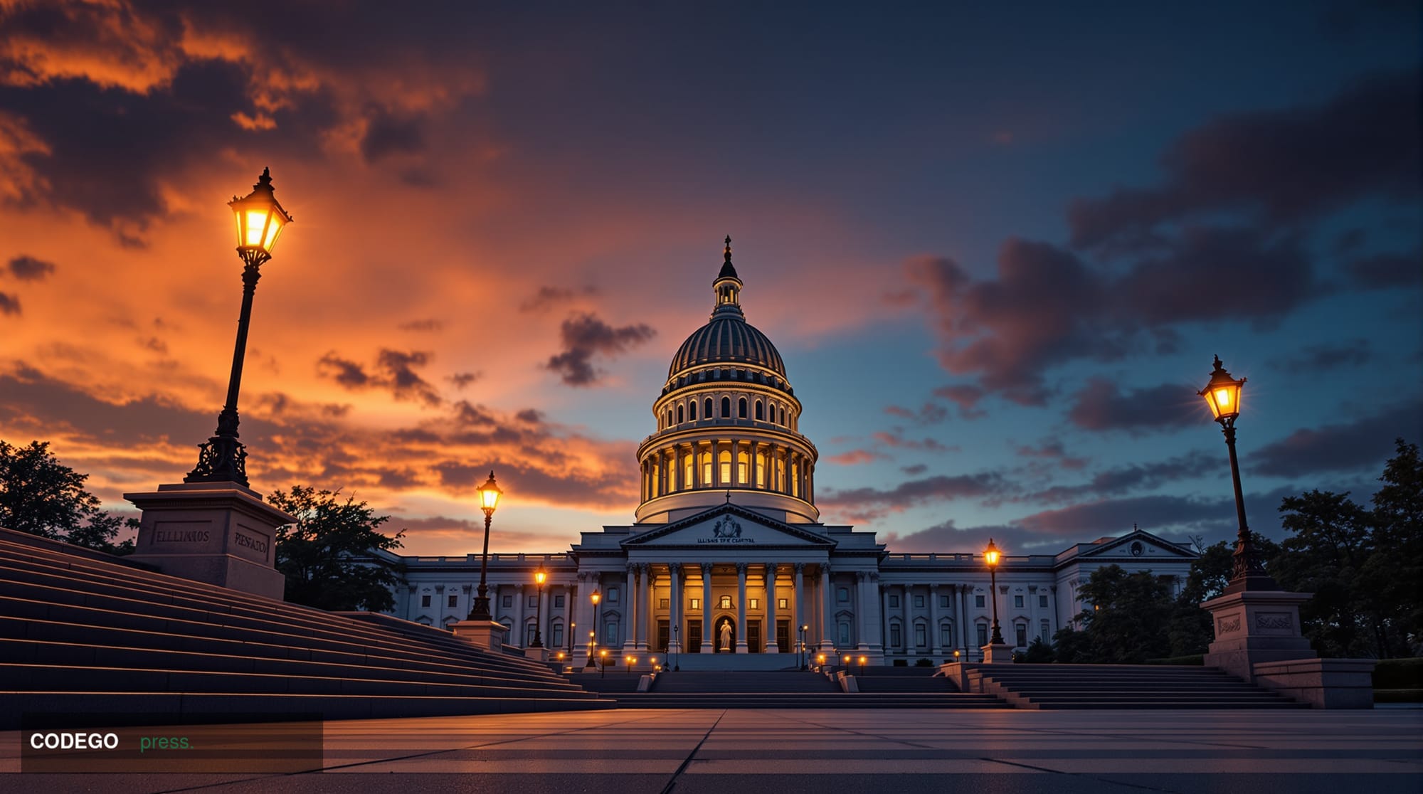 A photorealistic cinematic editorial photograph shot at the Illinois State Capitol building in Springfield, viewed from a low