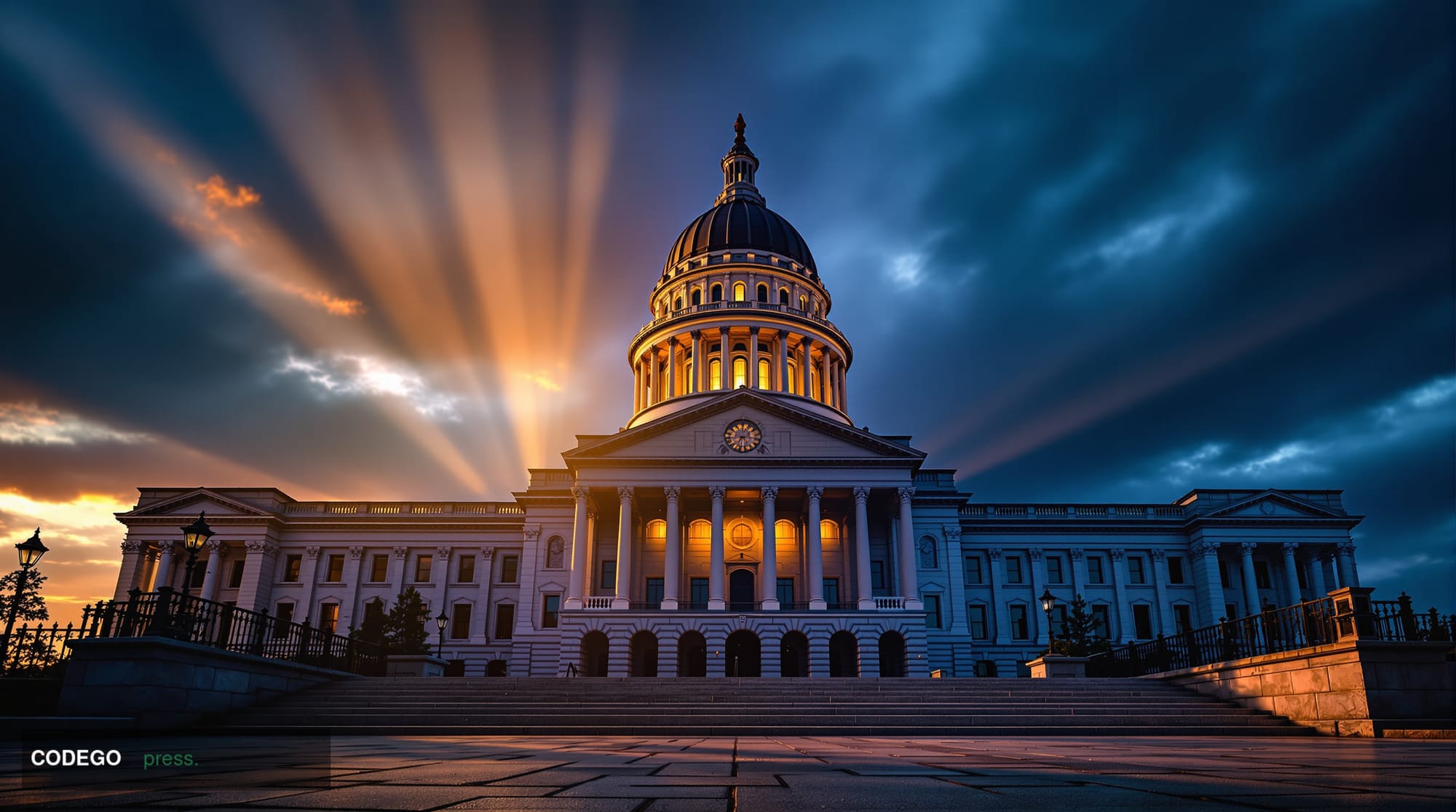 A dramatic low-angle wide shot of the Illinois State Capitol building in Springfield at dusk, its iconic dome silhouetted aga