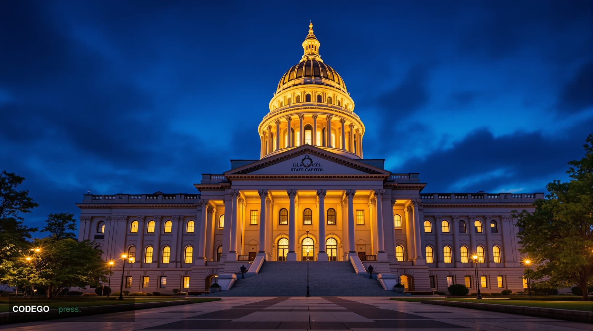 A cinematic editorial photograph of the Illinois State Capitol building in Springfield at dusk, its iconic dome illuminated b