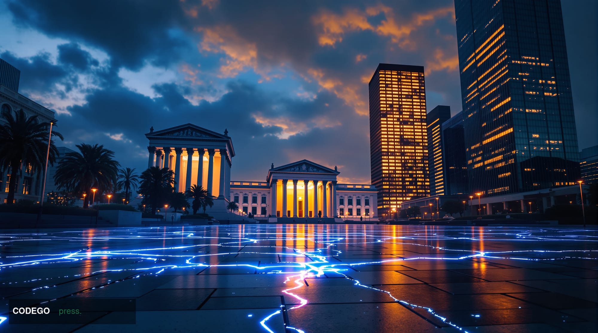 A sweeping low-angle shot of a grand neoclassical financial district at dusk, with Washington D.C.-style marble columns and g