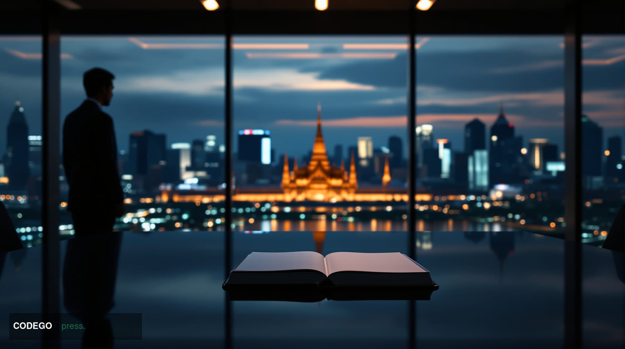 A dramatic cinematic editorial photograph set in Bangkok at dusk, with the iconic silhouette of the Grand Palace and Chao Phr
