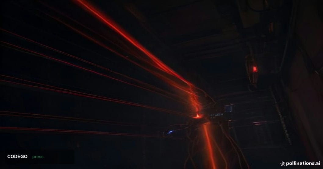 A dramatic cinematic editorial photograph of a darkened server infrastructure environment, shot from a low angle looking upwa