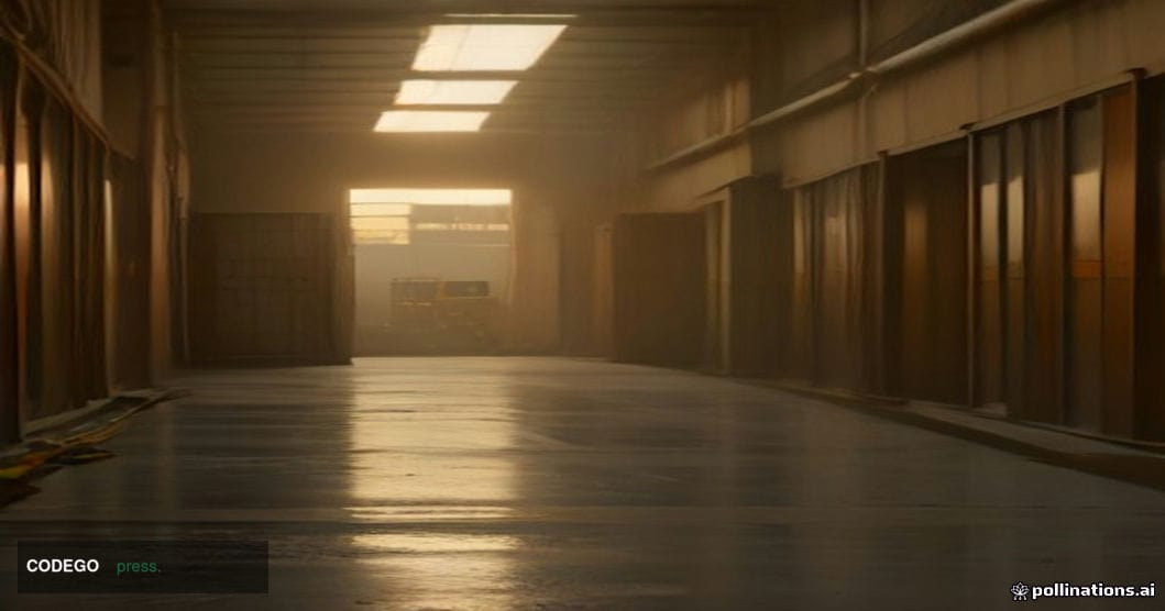 A cinematic editorial photograph shot at dawn over a vast Angolan industrial warehouse exterior, its corrugated metal walls b