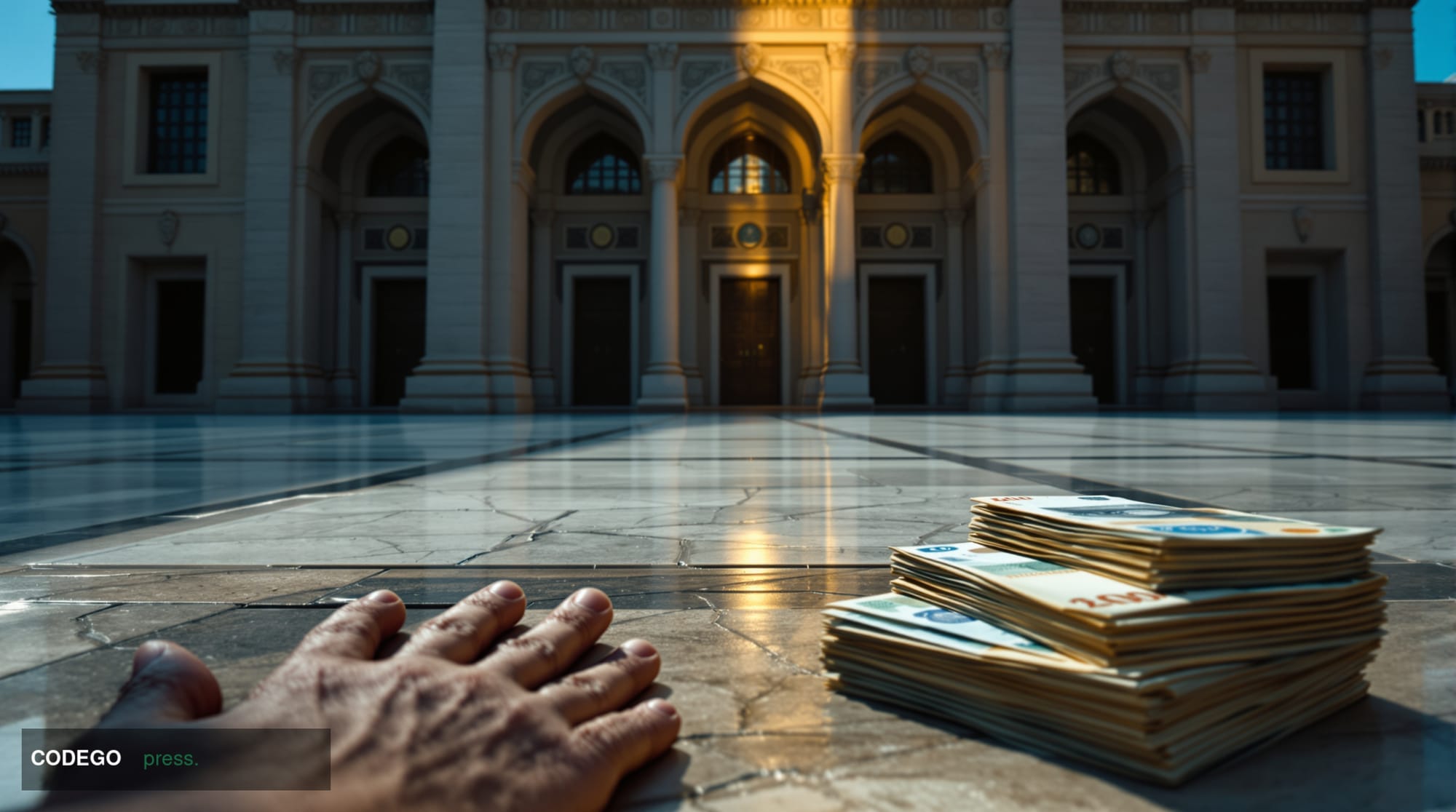 A cinematic editorial photograph taken from a low-angle perspective looking up at the ornate stone facade of a traditional Pe