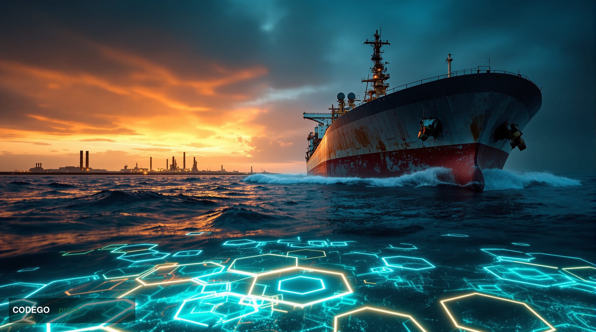 A dramatic cinematic editorial photograph shot at a low angle looking up at a massive oil tanker bow cutting through dark, ch