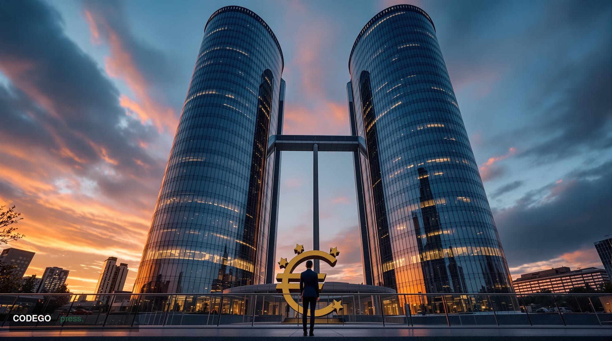 A cinematic photorealistic editorial photograph set at the European Central Bank's iconic twin-tower glass headquarters in Fr