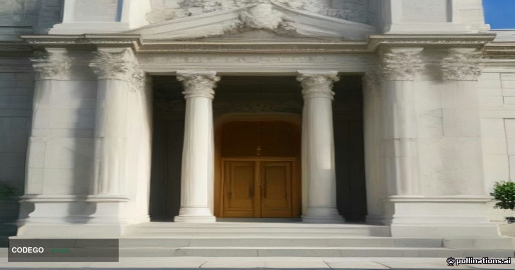 A dramatic wide-angle shot of a grand neoclassical central bank building in Jerusalem, its pale limestone facade catching the