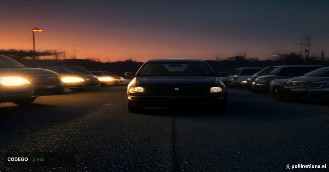 A cinematic editorial photograph set in the outskirts of Milan at dusk, showing a nondescript industrial car-rental lot with 