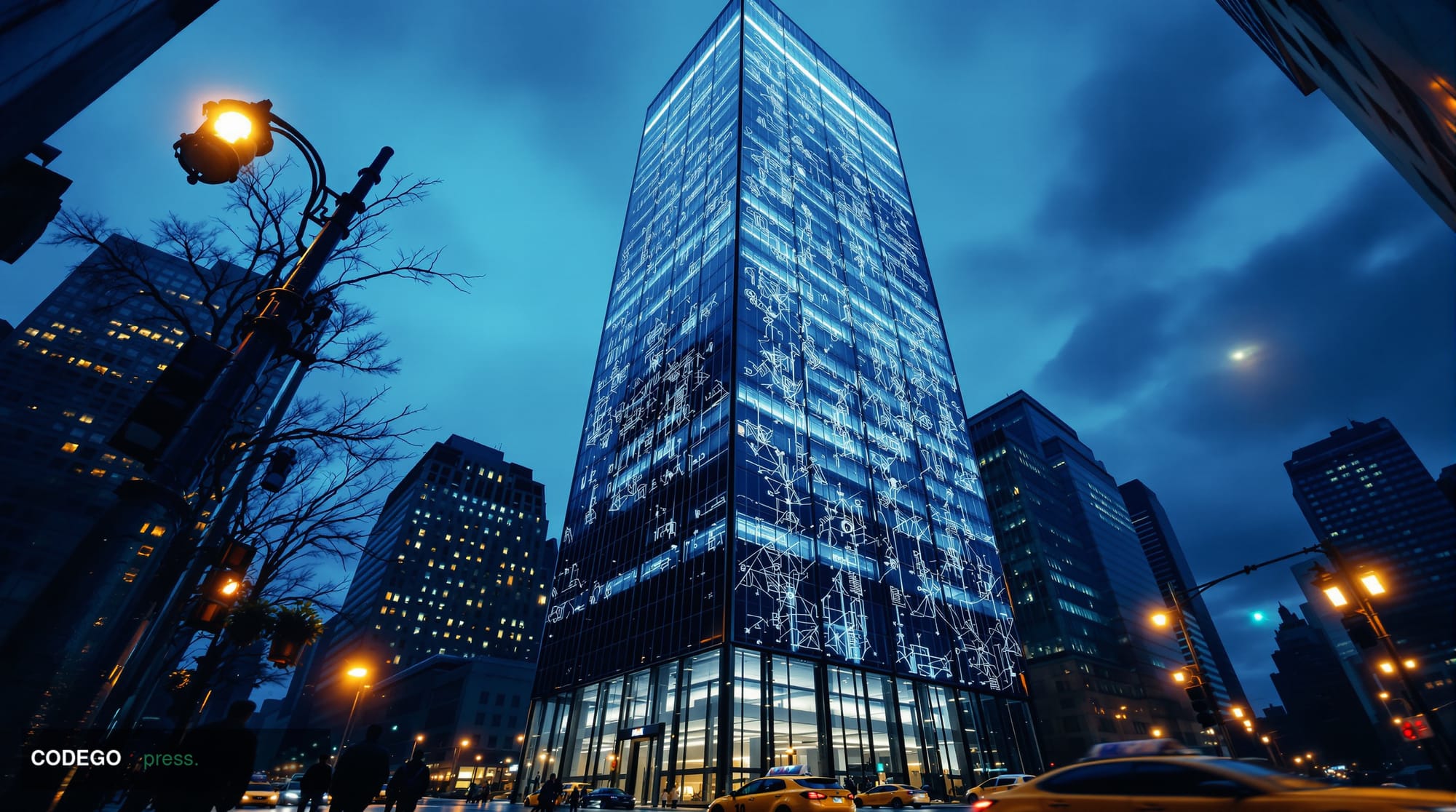 A dramatic cinematic editorial photograph of a imposing glass-and-steel financial district skyscraper — unmistakably evoking 