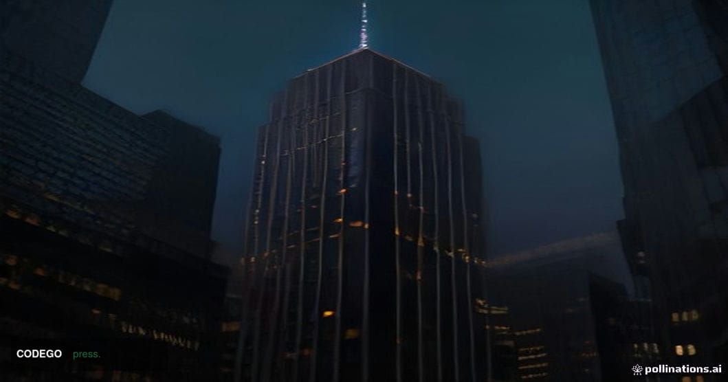 A dramatic cinematic editorial photograph taken at low angle looking up at a monumental glass-and-steel bank tower at dusk in