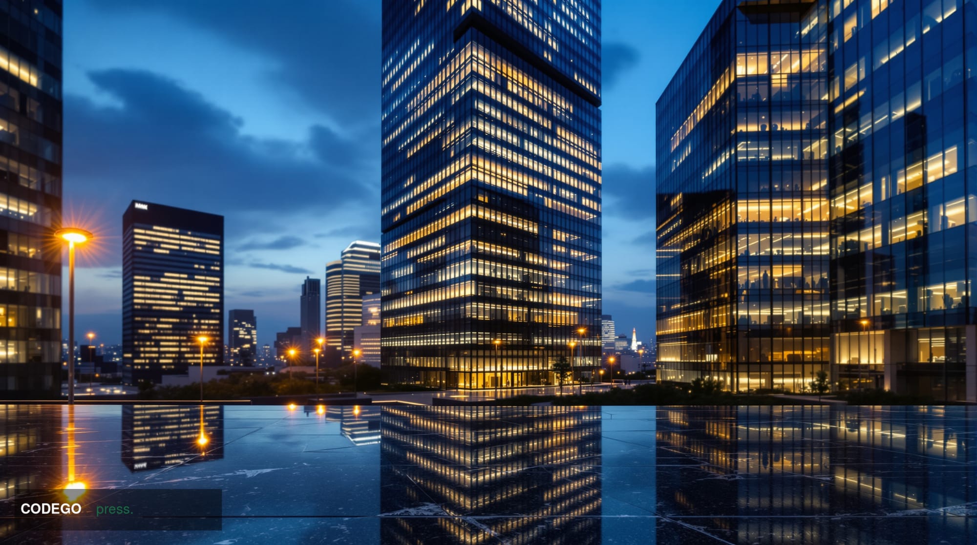 A cinematic editorial photograph set in Tokyo at dusk, with the iconic angular glass towers of the Kasumigaseki government di