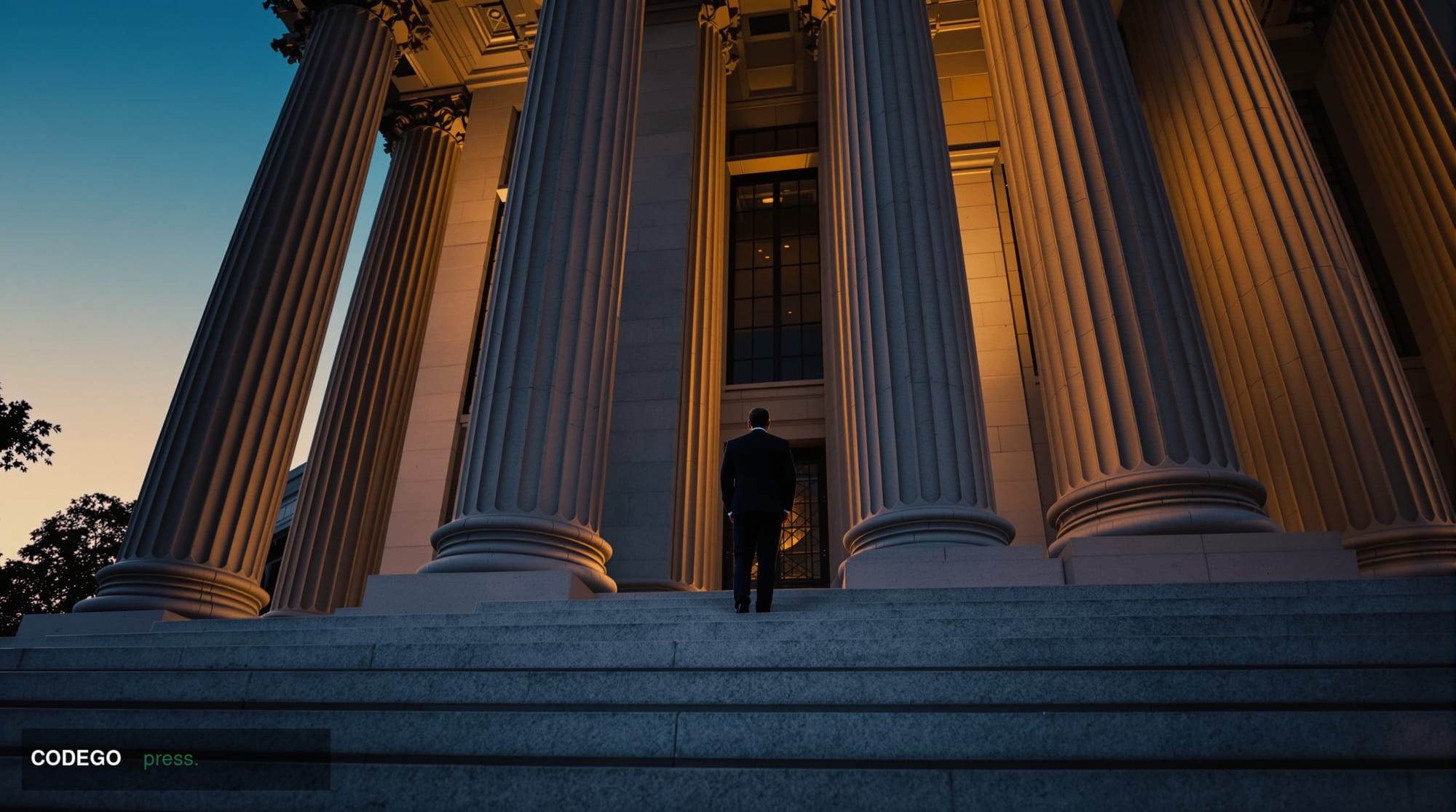 A dramatic cinematic editorial photograph shot from a low angle looking up at the monumental neoclassical stone facade of a W