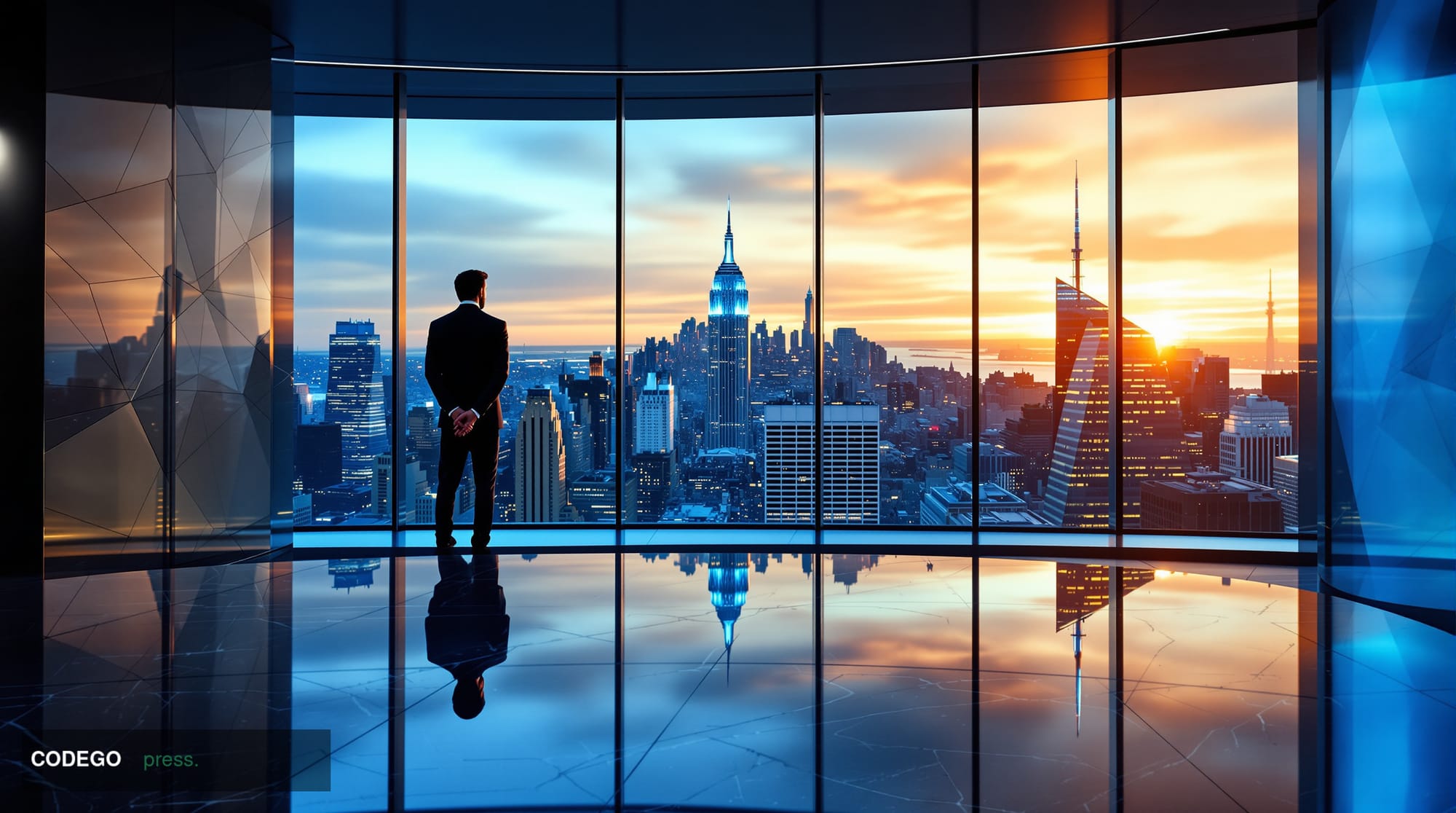 A dramatic cinematic editorial photograph set inside a sleek, modern American bank headquarters interior — evoking the scale 