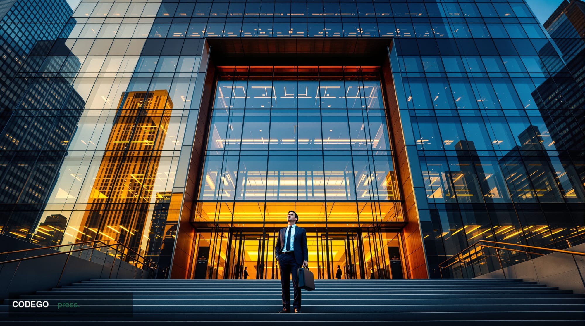 A cinematic editorial photograph of a grand, modernist corporate headquarters exterior in New York City, glass and steel faca