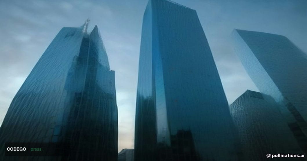A cinematic editorial photograph of two monumental glass-and-steel financial tower facades rising side by side into a cold bl