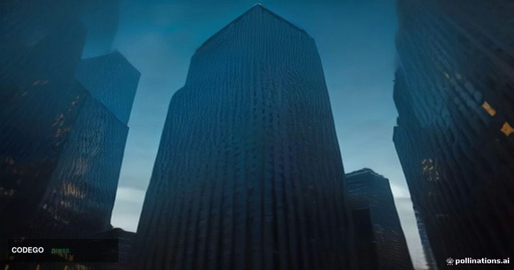 A cinematic editorial photograph of JPMorgan Chase's iconic midtown Manhattan headquarters tower at dusk, shot from a low str