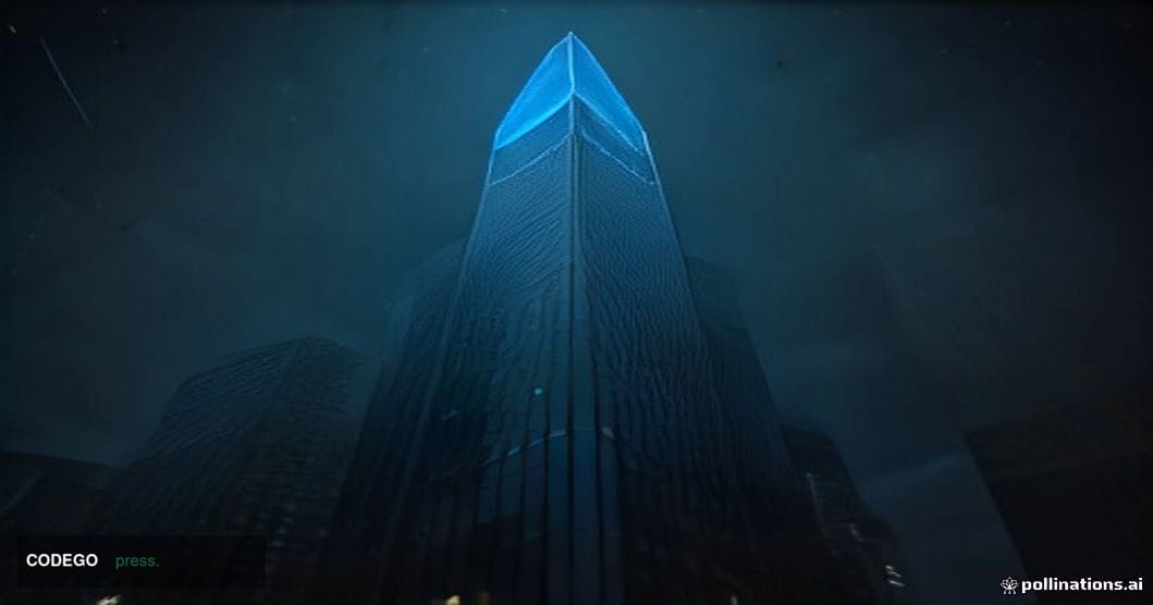 A cinematic editorial photograph of a dramatic glass-and-steel financial district tower at dusk, shot from a low angle lookin