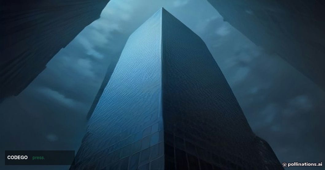 A dramatic cinematic editorial photograph of a monumental glass-and-steel financial tower at night, inspired by the architect