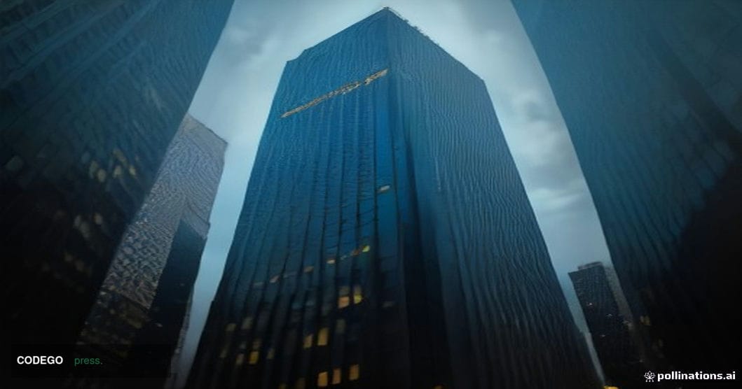 A dramatic cinematic exterior shot of a towering midtown Manhattan glass skyscraper — unmistakably the JPMorgan Chase headqua