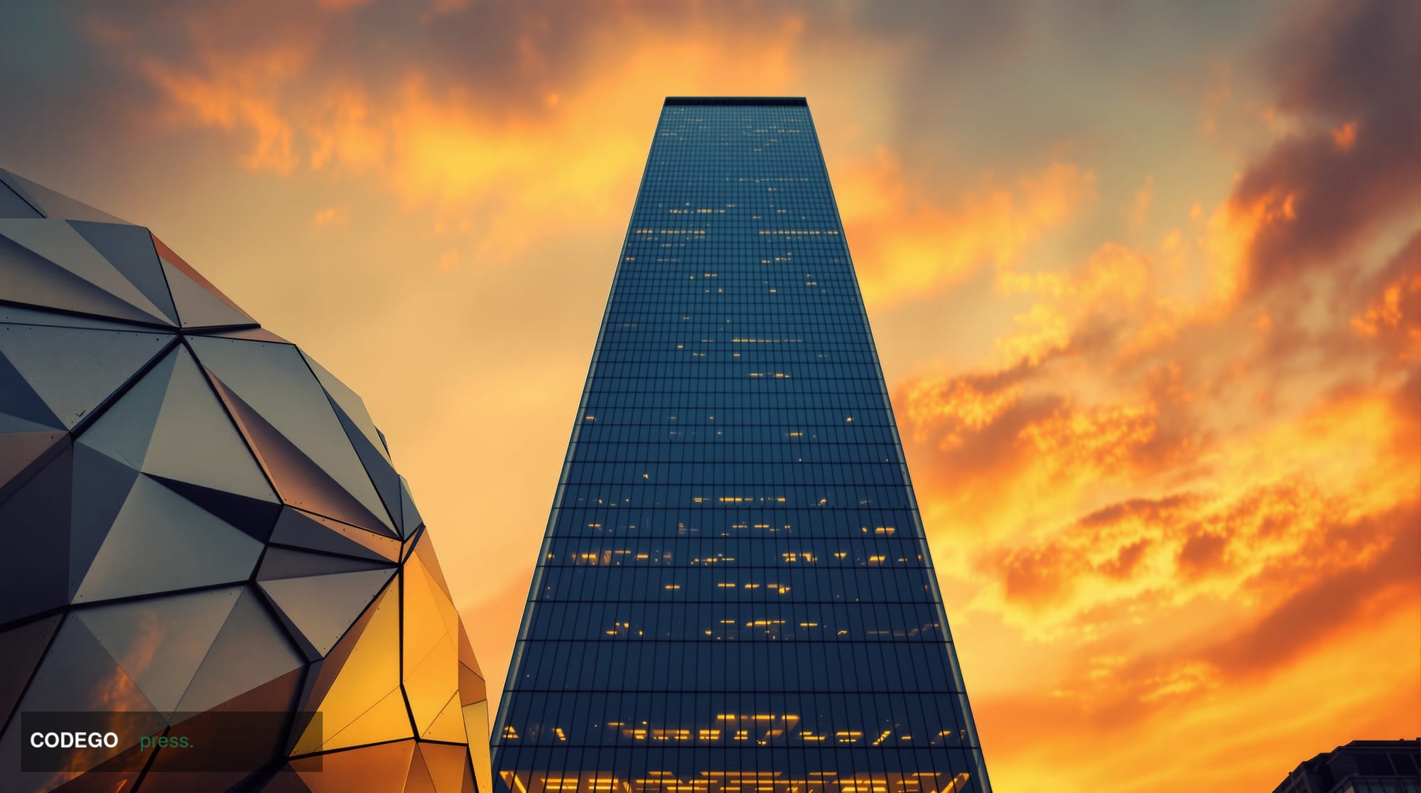 A cinematic editorial photograph of a monumental glass-and-steel bank headquarters tower photographed at dusk from a low-angl